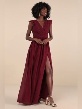 Lulus Gorgeous Goal Burgundy Pleated Backless Surplice Maxi Dress Size XL